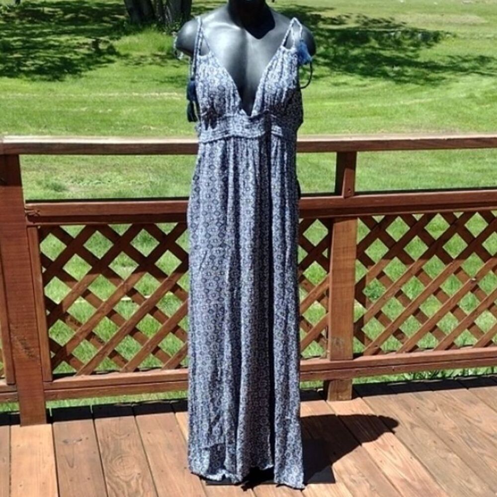 Lulus Field Day Navy Blue Maxi Print Dress with Tie Straps Size XL